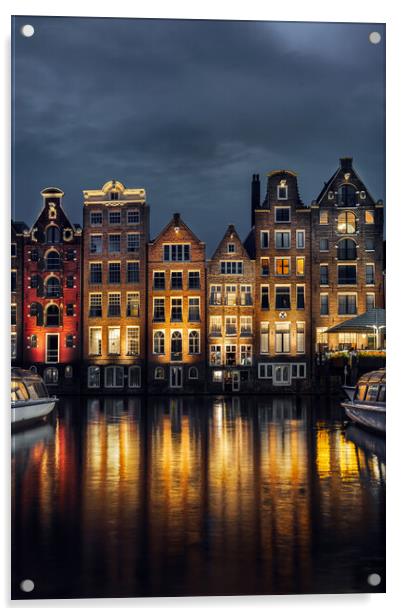 Night dancing houses at Amsterdam canal Damrak, Holland, Netherl Acrylic by Olga Peddi