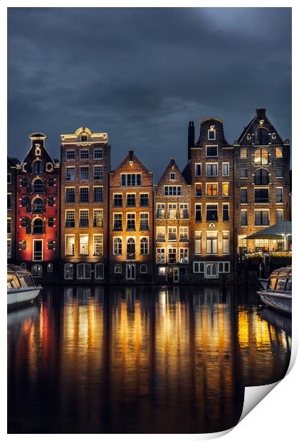 Night dancing houses at Amsterdam canal Damrak, Holland, Netherl Print by Olga Peddi