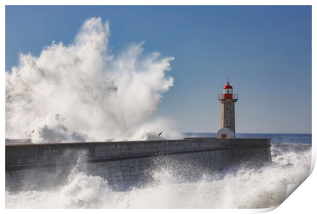 Storm waves over the Lighthouse Print by Olga Peddi