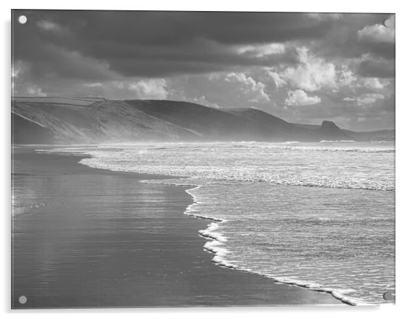 Storm at Newgale, Pembrokeshire. Black and White. Acrylic by Colin Allen