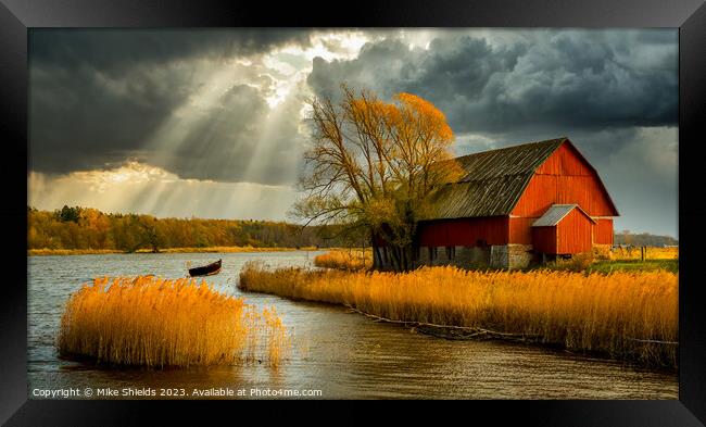 Sun Streaks and a Red Barn Framed Print by Mike Shields