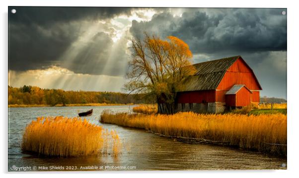 Sun Streaks and a Red Barn Acrylic by Mike Shields