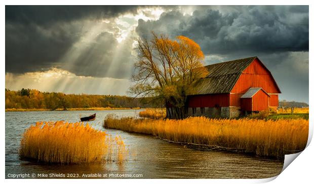 Sun Streaks and a Red Barn Print by Mike Shields