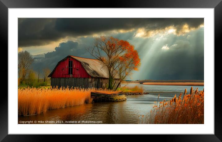 Sun Rays and a Barn Framed Mounted Print by Mike Shields