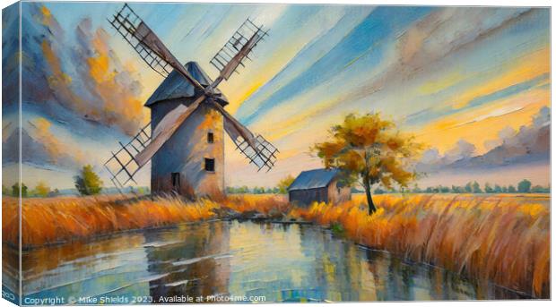 Old Windmill on the River Canvas Print by Mike Shields