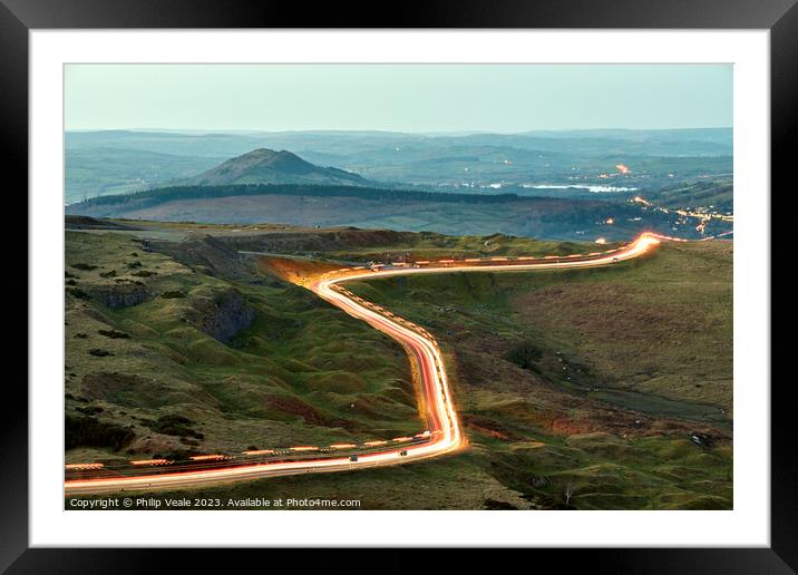 Gritter light trails on Llangynidr Moors. Framed Mounted Print by Philip Veale