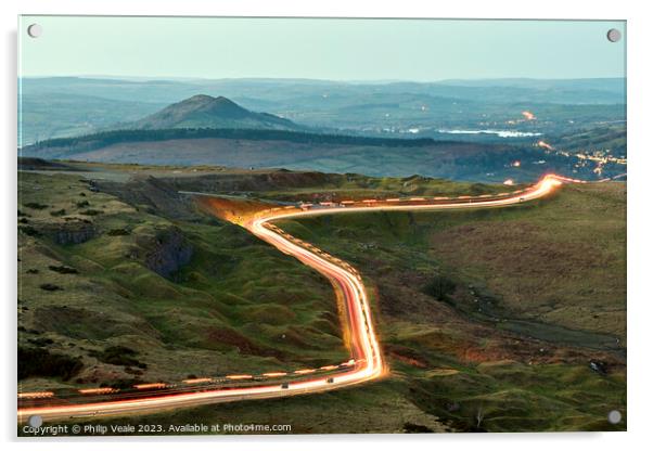 Gritter light trails on Llangynidr Moors. Acrylic by Philip Veale