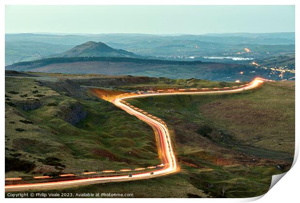 Gritter light trails on Llangynidr Moors. Print by Philip Veale