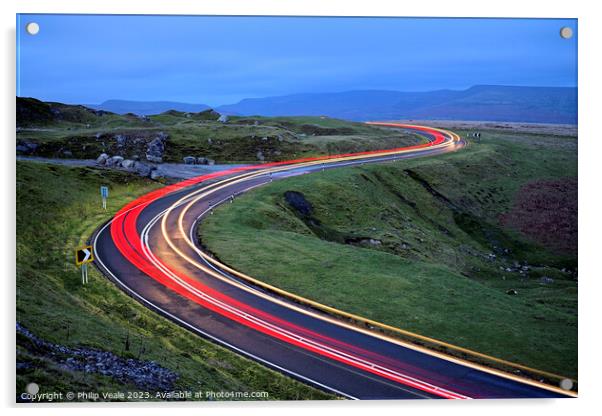 Light Trails on Llangynidr Moors. Acrylic by Philip Veale