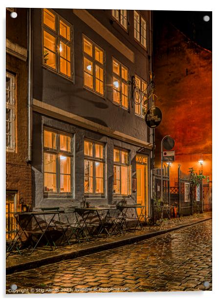 an old restaurant at night in the old town of Copenhagen Acrylic by Stig Alenäs
