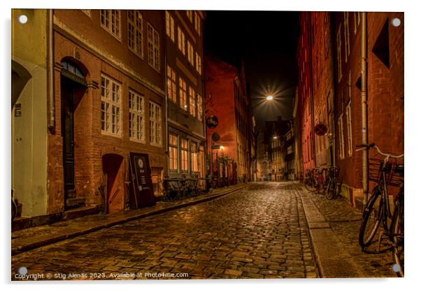narrow alleyway at night in the city of Copenhagen Acrylic by Stig Alenäs