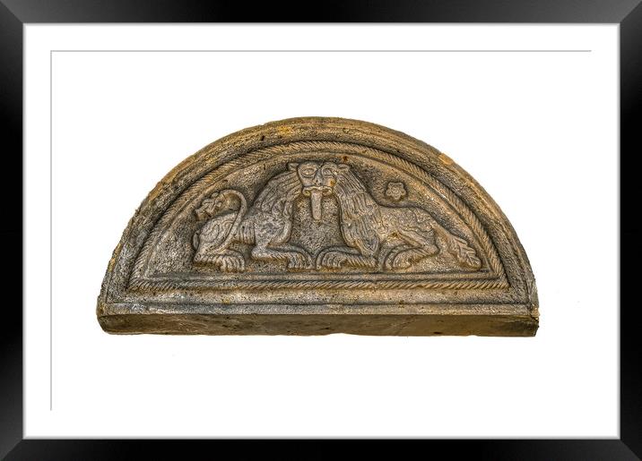 romanesque pediment with two stone lions over an entrence to Lun Framed Mounted Print by Stig Alenäs