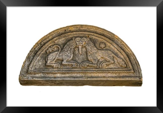 romanesque pediment with two stone lions over an entrence to Lun Framed Print by Stig Alenäs