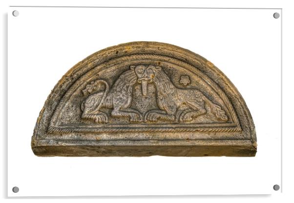 romanesque pediment with two stone lions over an entrence to Lun Acrylic by Stig Alenäs