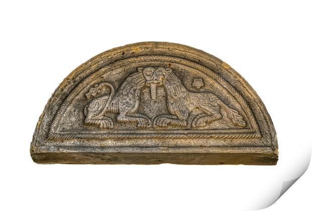 romanesque pediment with two stone lions over an entrence to Lun Print by Stig Alenäs