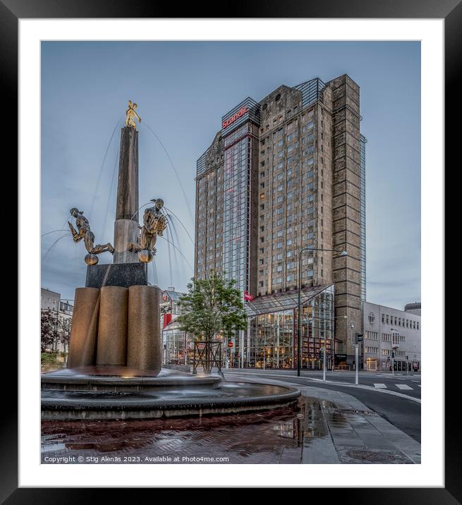 Triangeln in Malmö City with a fountain and Scandic Hotel in th Framed Mounted Print by Stig Alenäs