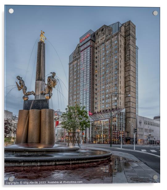 Triangeln in Malmö City with a fountain and Scandic Hotel in th Acrylic by Stig Alenäs