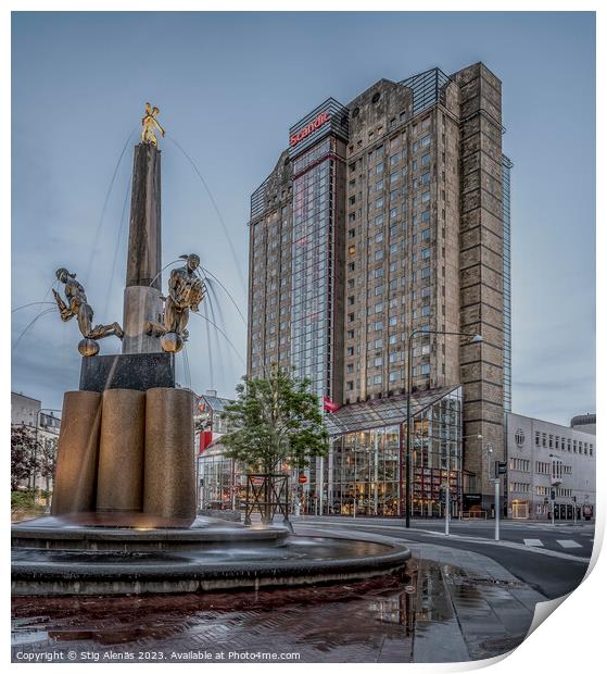 Triangeln in Malmö City with a fountain and Scandic Hotel in th Print by Stig Alenäs