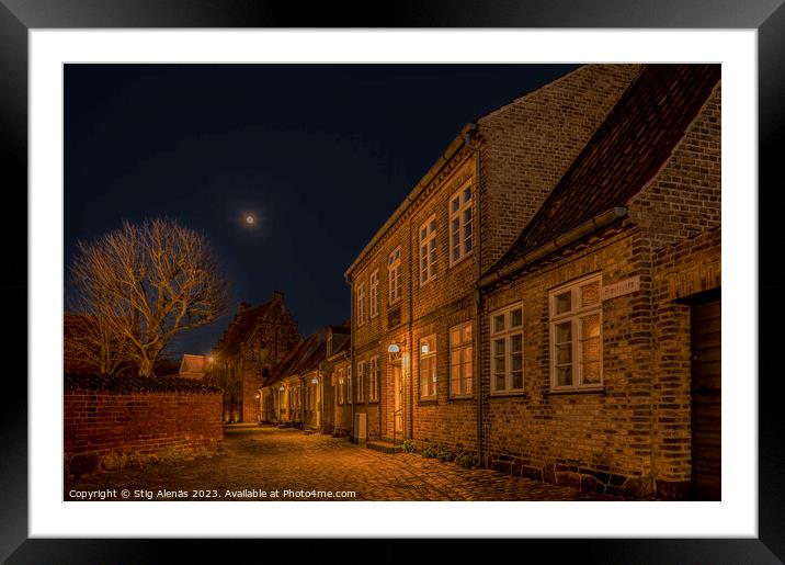 an alley the old town of Kalundborg at night Framed Mounted Print by Stig Alenäs