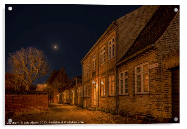 an alley the old town of Kalundborg at night Acrylic by Stig Alenäs