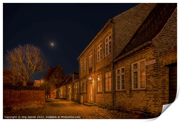 an alley the old town of Kalundborg at night Print by Stig Alenäs