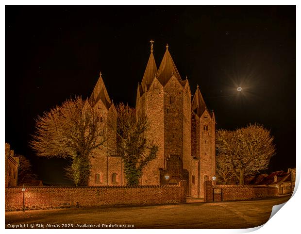 Entrence to Kalundborg Church of Our Lady at night Print by Stig Alenäs
