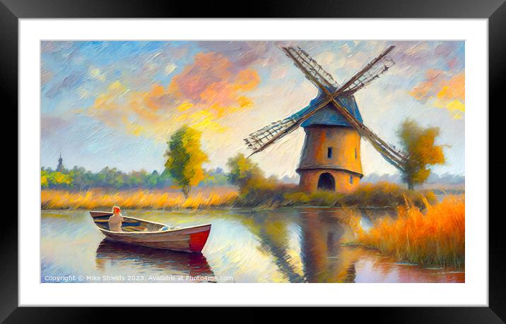 The Lady in the Boat by a Windmill Framed Mounted Print by Mike Shields