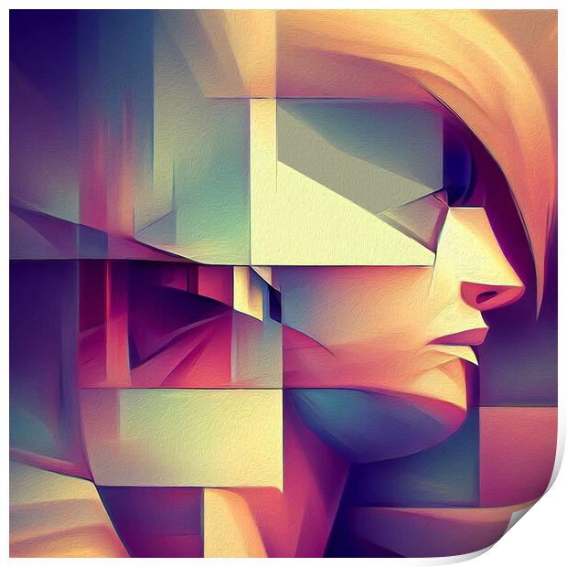 abstract cubist  portrait  of a women Print by kathy white