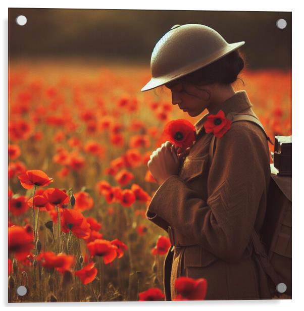 poppy field soldier,women Acrylic by kathy white