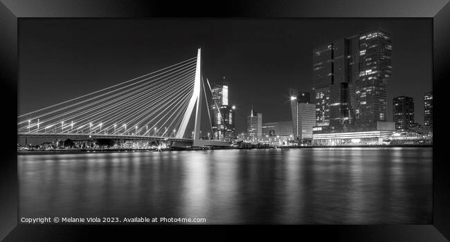 ROTTERDAM Erasmus Bridge at night | Monochrome Panorama Framed Print by Melanie Viola
