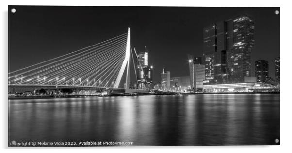 ROTTERDAM Erasmus Bridge at night | Monochrome Panorama Acrylic by Melanie Viola