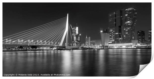 ROTTERDAM Erasmus Bridge at night | Monochrome Panorama Print by Melanie Viola