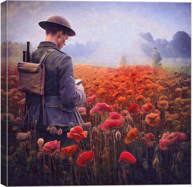 Soldier in a poppy field Canvas Print by kathy white