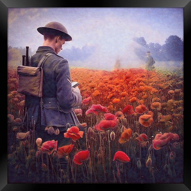 Soldier in a poppy field Framed Print by kathy white