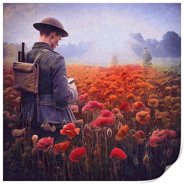 Soldier in a poppy field Print by kathy white