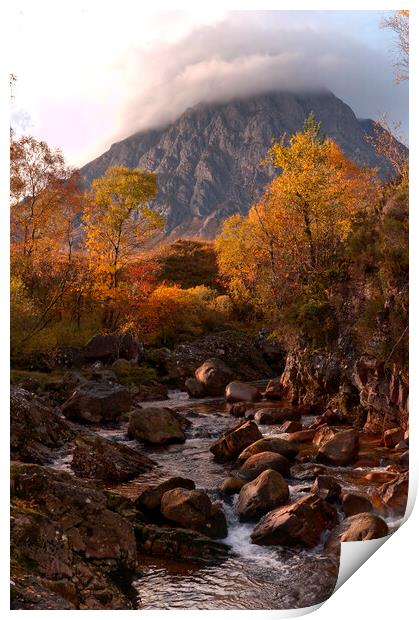 A waterfall with Buachaille Etive Mor in the background Print by Tony Bishop