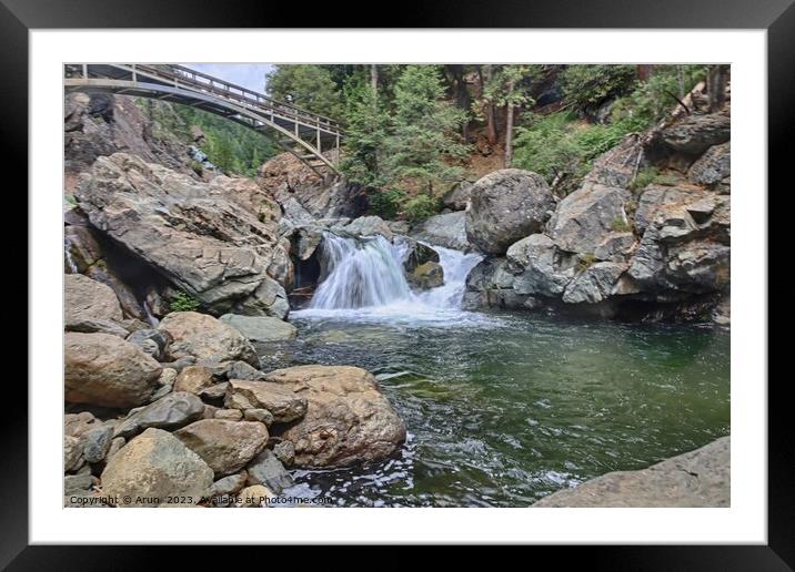 A large waterfall over a rocky cliff in lake basin, Eureka Plumas California Framed Mounted Print by Arun 