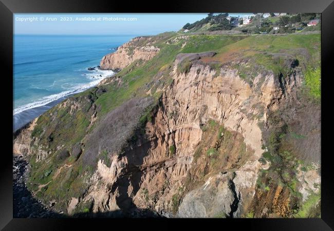 Cliffs and Ocean Mussell rock park in Pacifica California Framed Print by Arun 