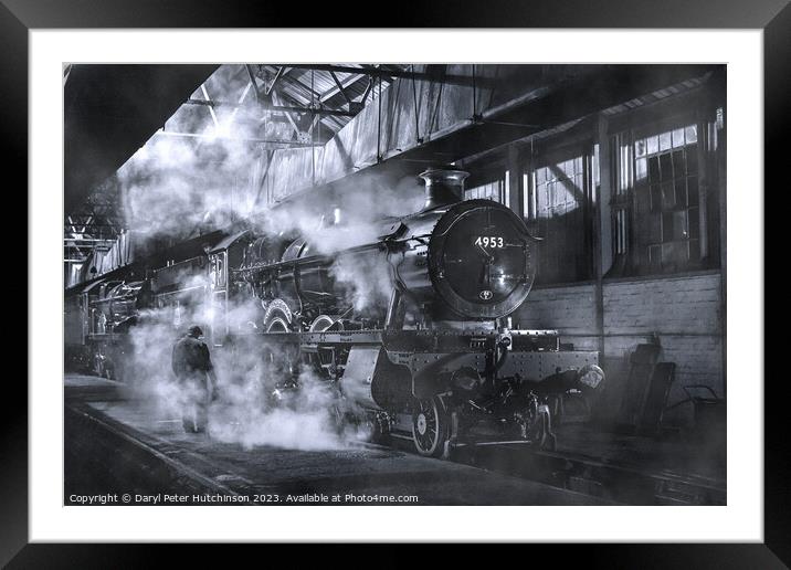 Hall Class steam locomotive in the shed with steam Framed Mounted Print by Daryl Peter Hutchinson