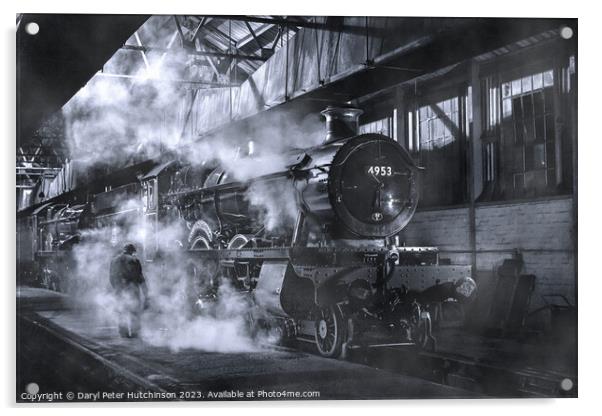 Hall Class steam locomotive in the shed with steam Acrylic by Daryl Peter Hutchinson