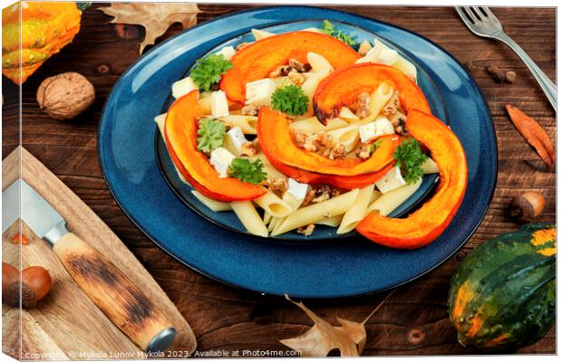 Delicious pumpkin pasta with nuts Canvas Print by Mykola Lunov Mykola