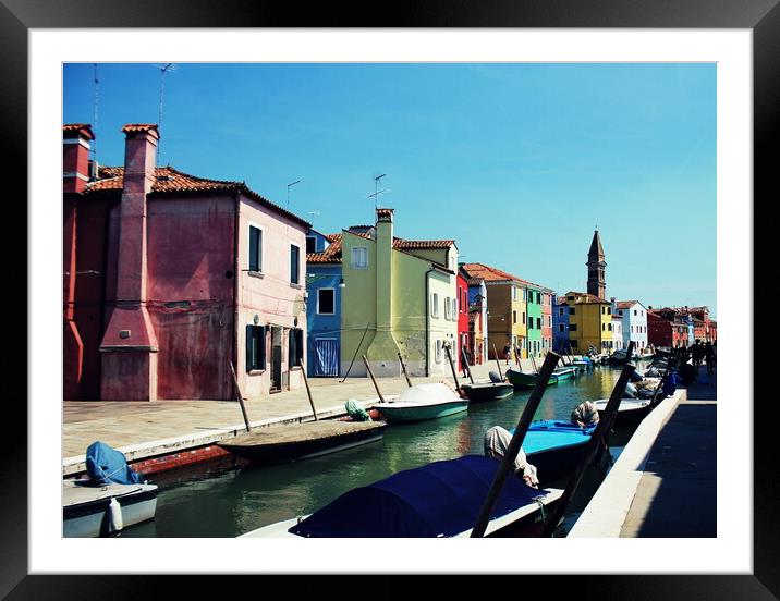 Street with colorful buildings in Burano island, Venice, Italy Framed Mounted Print by Virginija Vaidakaviciene