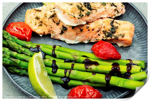 Fried salmon fish fillets with asparagus Print by Mykola Lunov Mykola