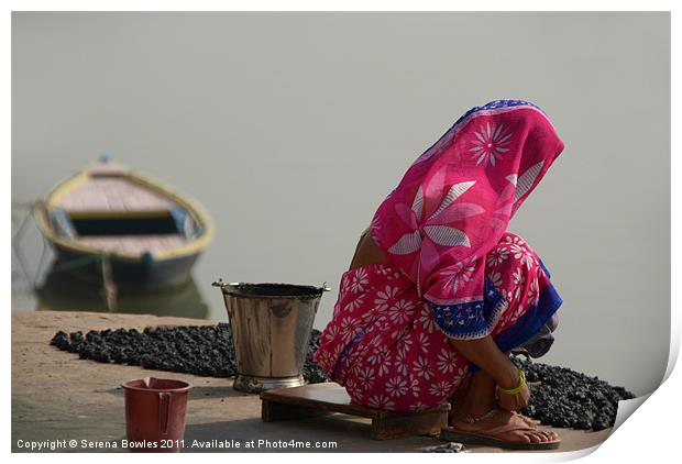 Woman in Pink Sari by Ganges, Varanasi, India Print by Serena Bowles