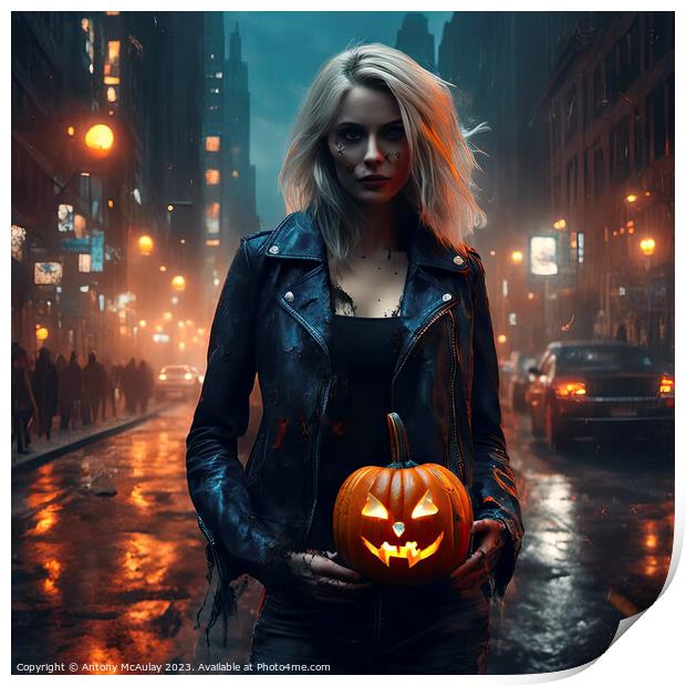 AI Generated Blonde Girl Halloween Zombie. Print by Antony McAulay