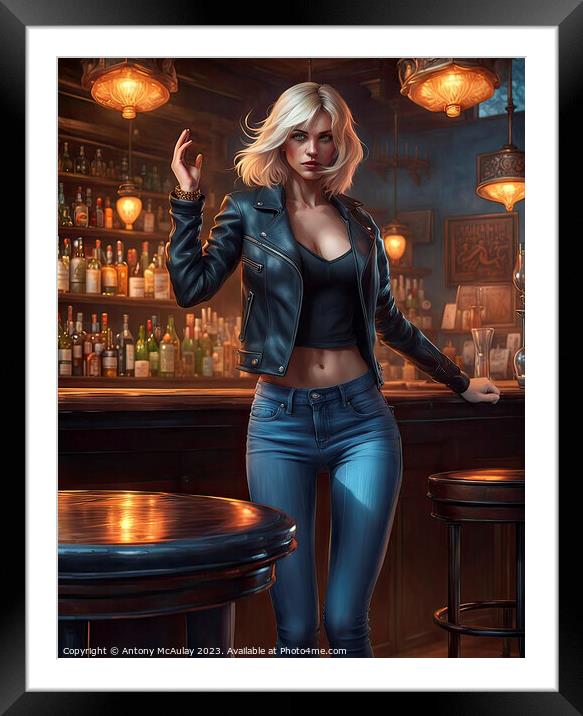 AI Generated Blonde Girl in a Bar. Framed Mounted Print by Antony McAulay