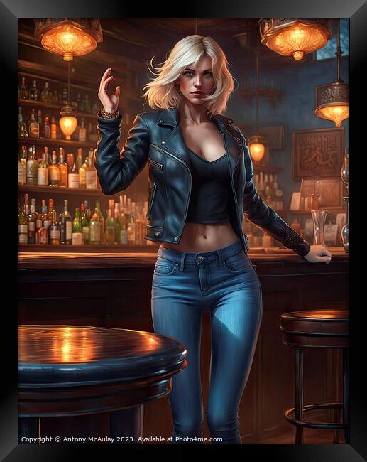 AI Generated Blonde Girl in a Bar. Framed Print by Antony McAulay