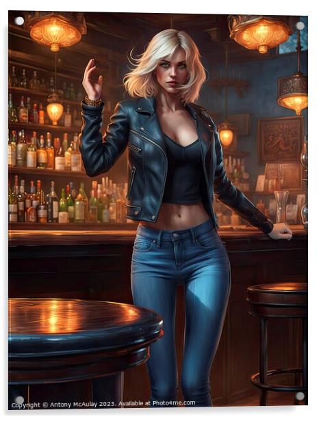 AI Generated Blonde Girl in a Bar. Acrylic by Antony McAulay