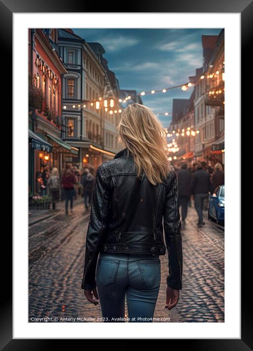 AI Generated Blonde in the City Walking Away. Framed Mounted Print by Antony McAulay