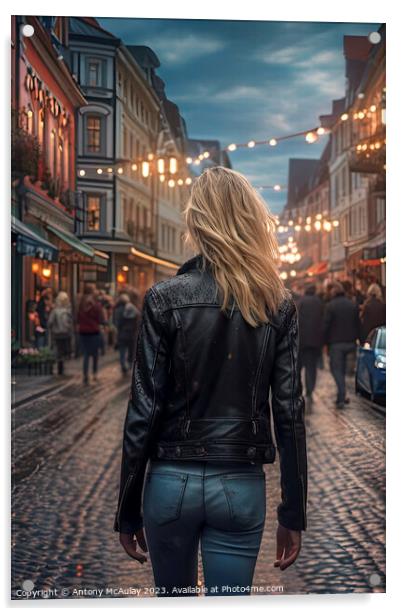 AI Generated Blonde in the City Walking Away. Acrylic by Antony McAulay